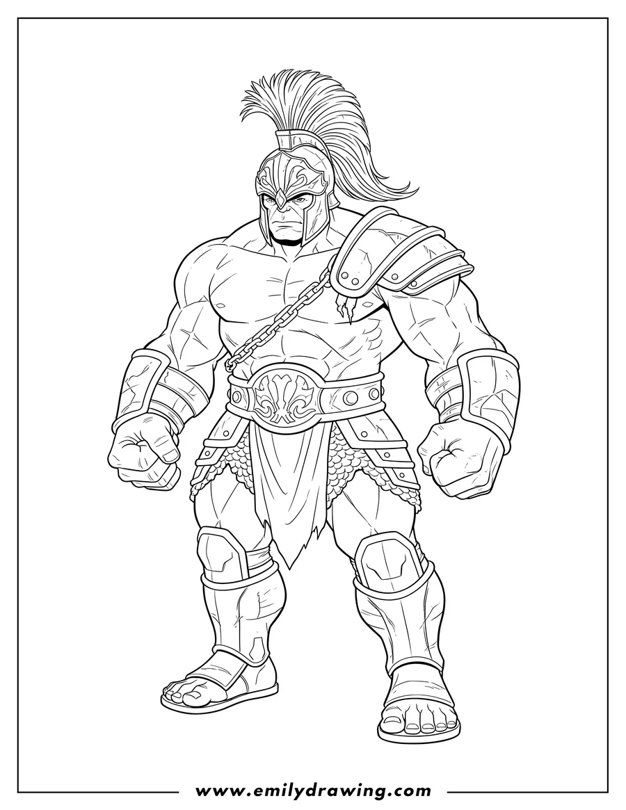 Coloring sheet featuring hulk Gladiator Armor, standing with clenched fists and a plumed helmet