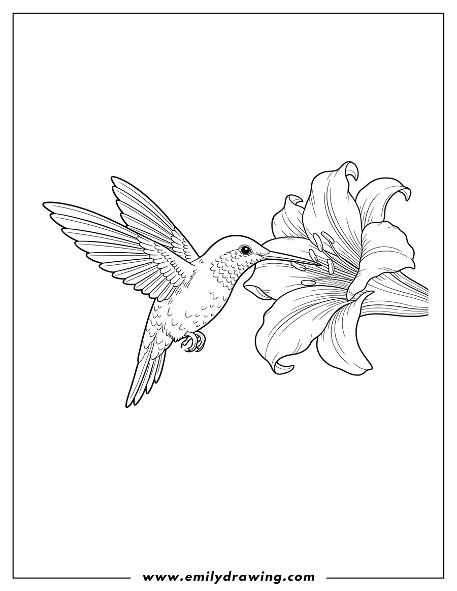 Vector style outline of hummingbird spreading its wings, with its long beak directed towards a large lily-like flower