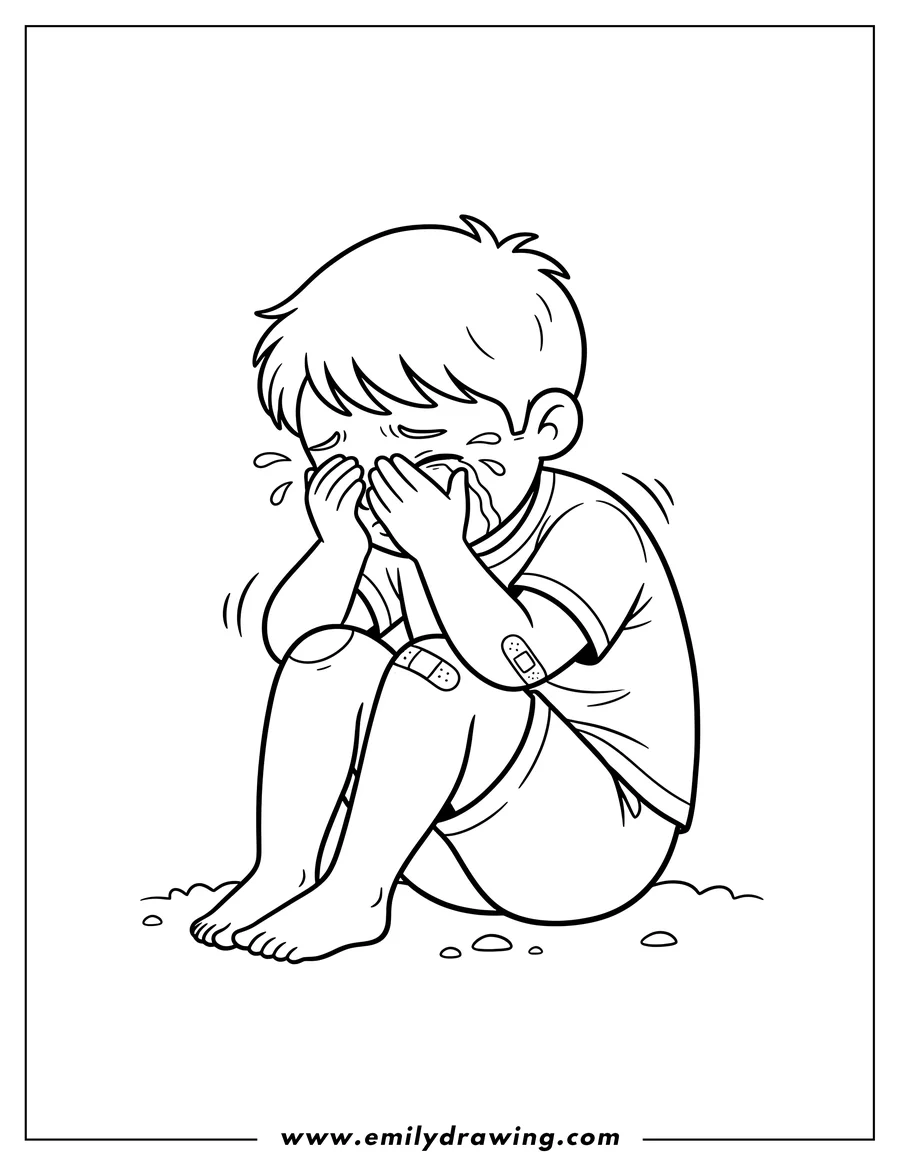 High quality printable hurt boy sitting on ground, crying with hands covering face for coloring