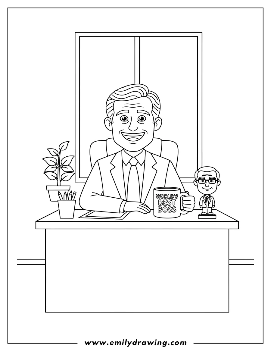 Coloring page for kids: iconic Michael Scott Sitting Behind His Desk, next to his 'World's Best Boss' mug and a Dwight bobblehead