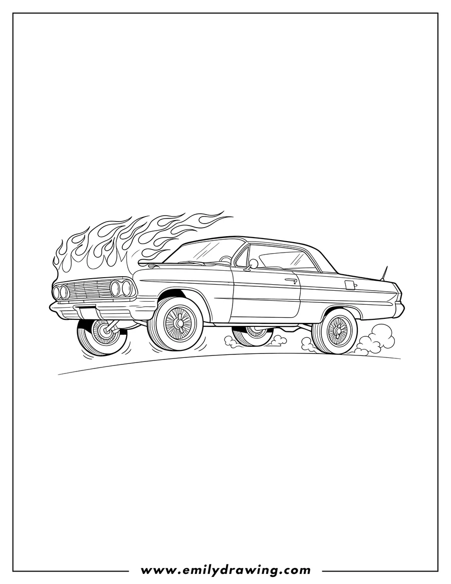 Simple sketch of impala Lowrider with Flames and Custom Wheels to color
