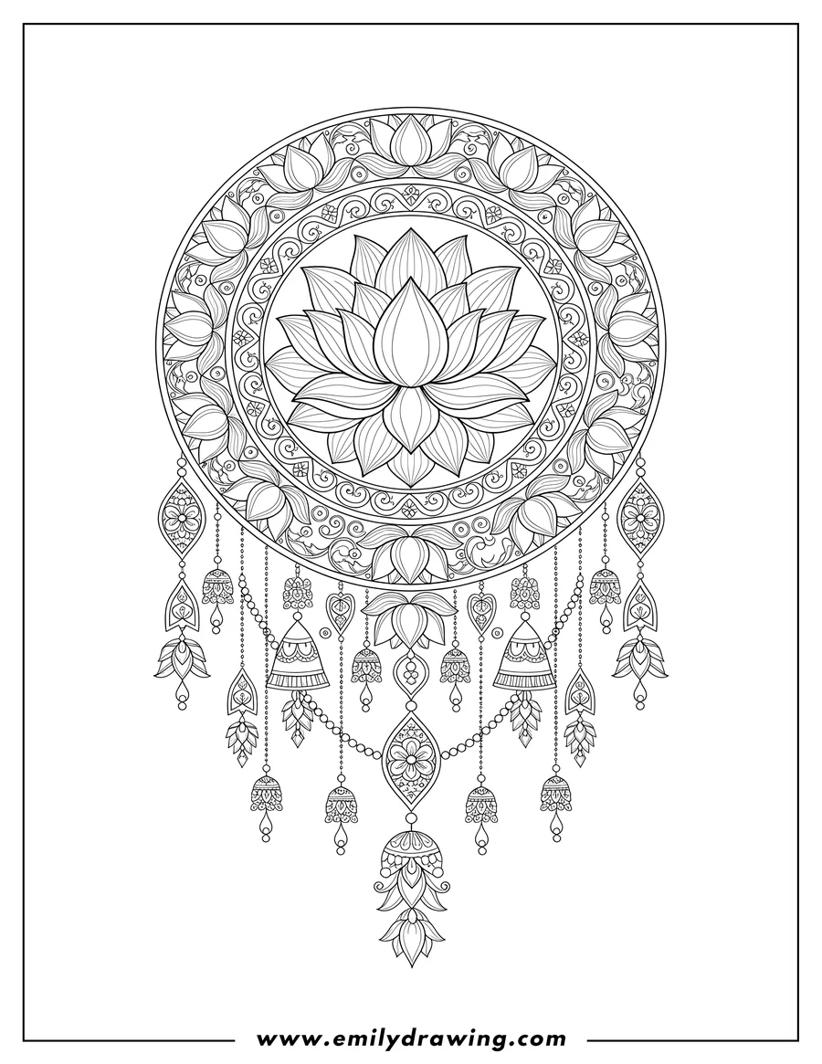 PDF style coloring page: intricate Blossoming Lotus Mandala with dangling decorations