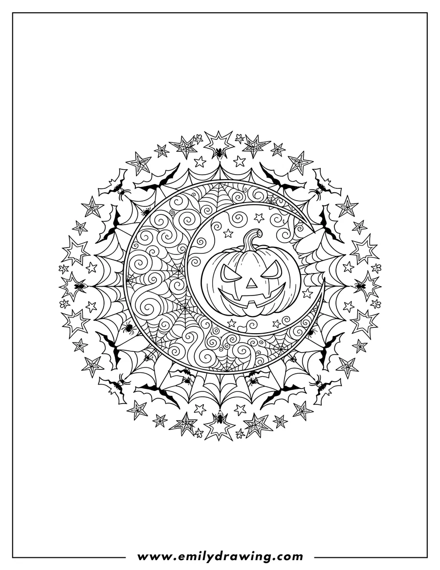 Outline drawing of intricate Crescent Moon And Jack O Lantern Halloween Mandala with Spiderwebs and Stars