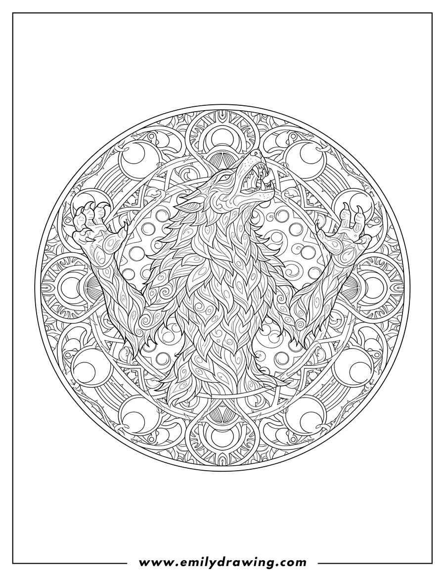 Free printable coloring sheet of intricate Howling Werewolf Mandala, rearing up with sharp teeth and a raised claw