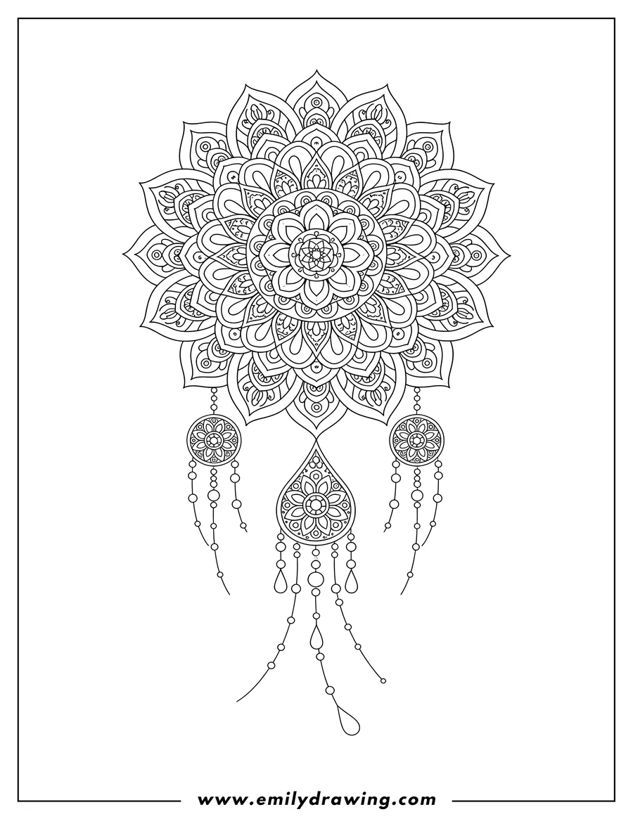 Linear illustration of intricate Lotus Flower Mandala with hanging decorative elements and strings of beads