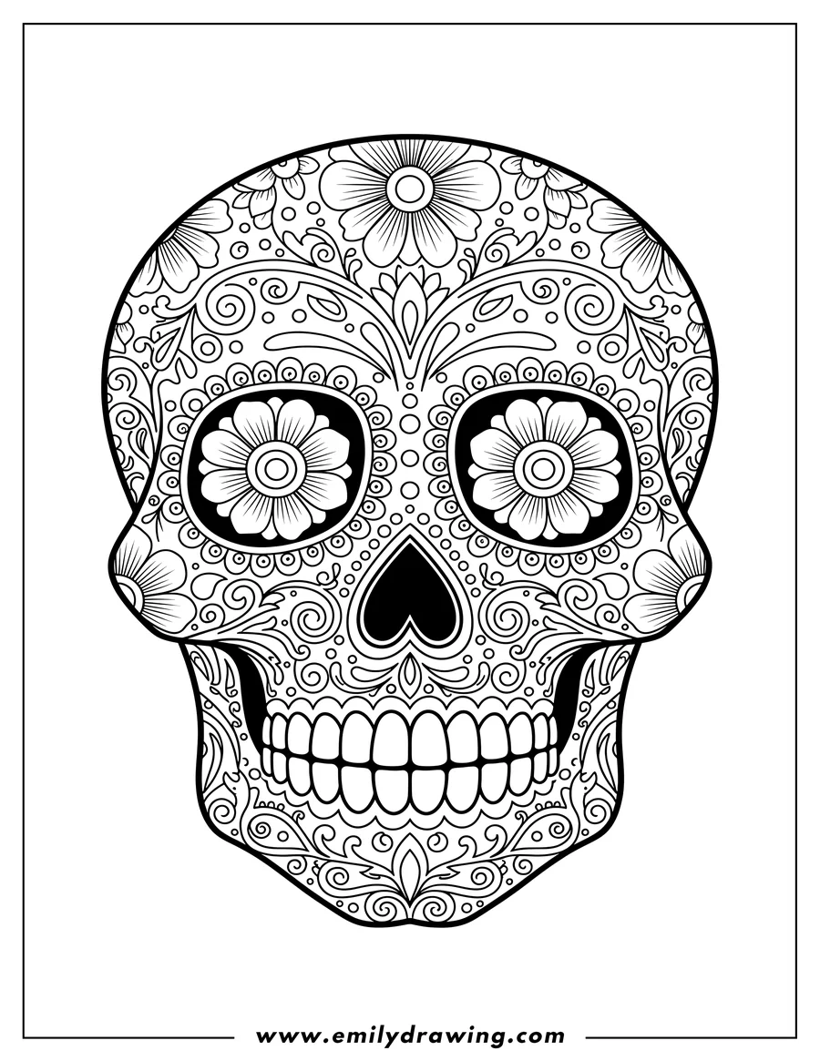 Full page coloring image of intricate Sugar Skull Design With Floral Eyes, Heart Nose, and Teeth, with Circles