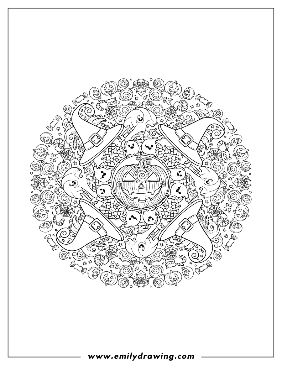 PDF style coloring page: intricate Trick Or Treat Mandala with Jack-o'-lanterns, Ghosts, and Witch Hats