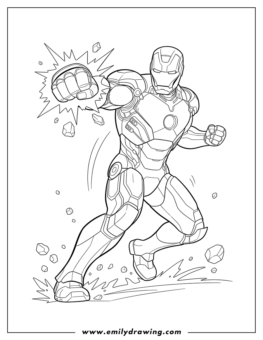 High quality printable iron Man Mark 42 Suit Scaled in a dynamic punching pose with debris flying for coloring