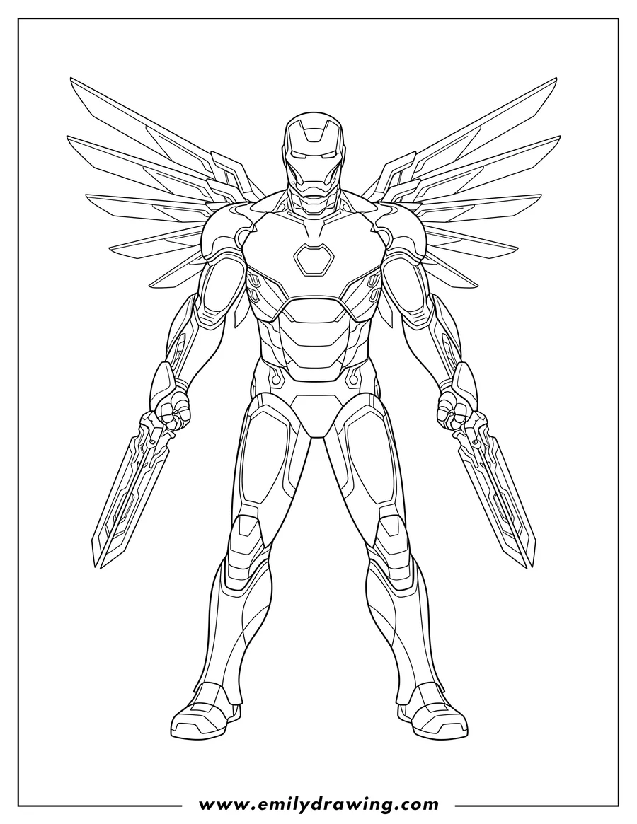 Free to print drawing of iron Man standing, with Viabranium forearm blades and back wings