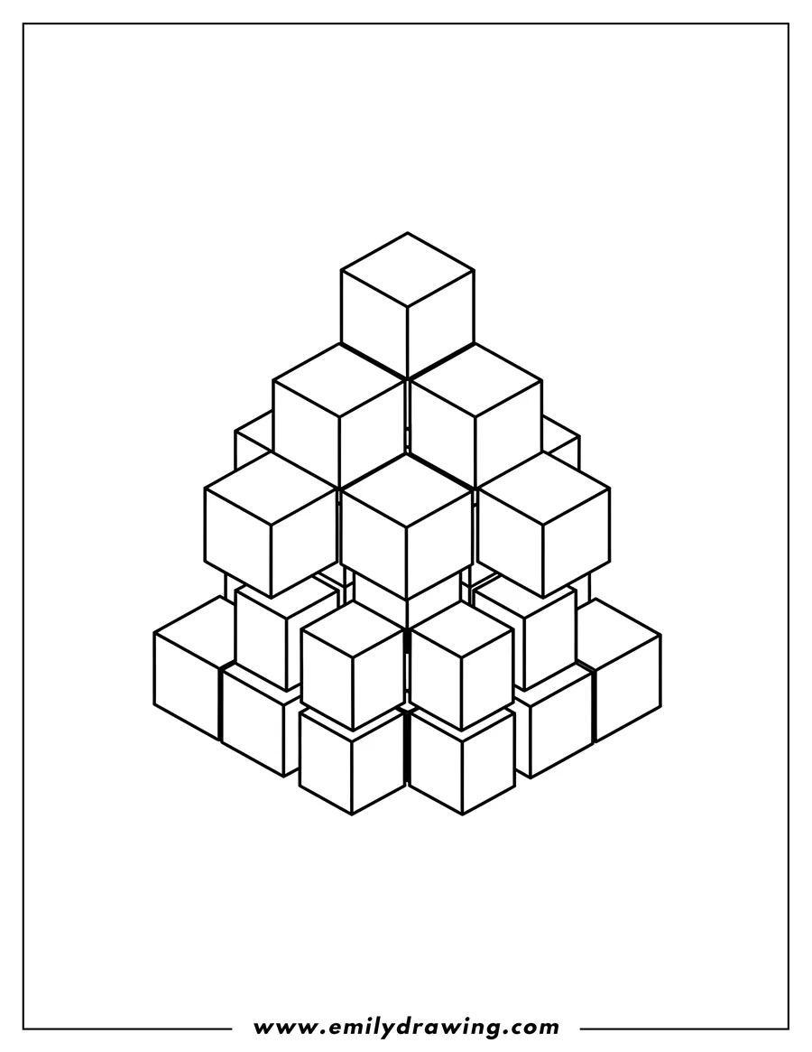 Coloring page for kids: isometric Cubes forming a symmetrical block structure