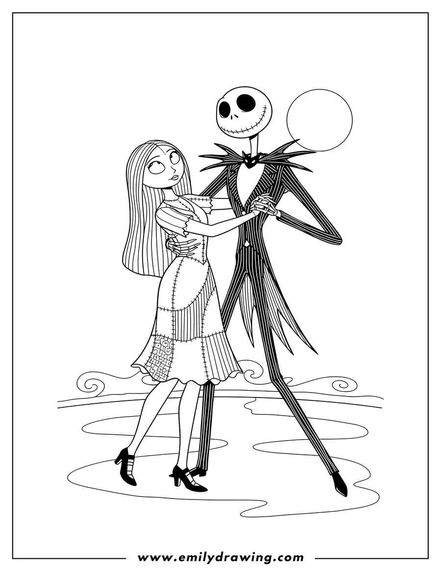 Downloadable coloring page of nightmare Before Christmas, Jack Skellington and Sally dancing