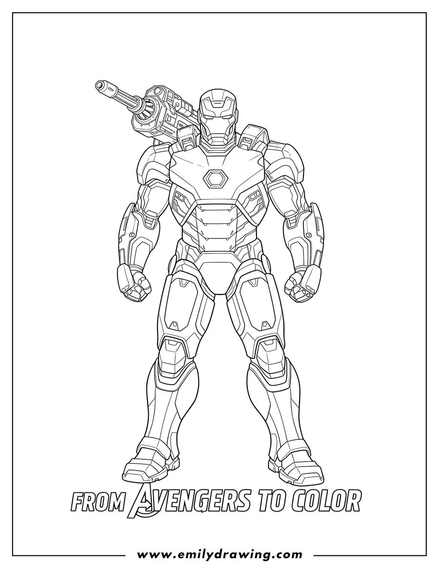 Downloadable coloring page of james Rhodes in War Machine armor, standing with a shoulder-mounted weapon, From Avengers To Color