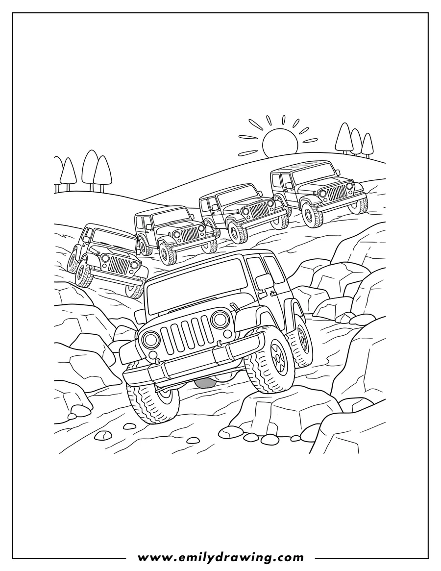 Coloring page for kids: jeep Evolution On Rocky Road, with a front wheel lifted