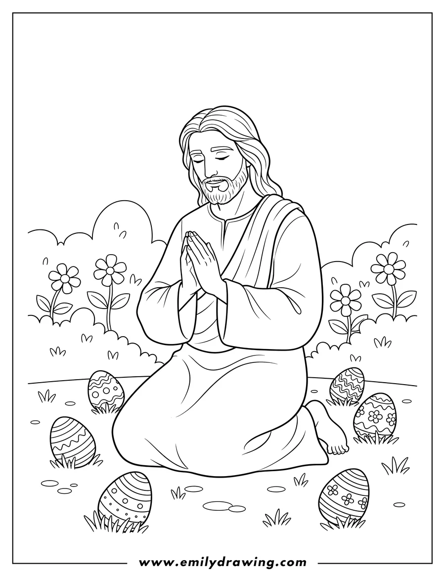 High quality printable jesus kneeling with hands clasped in prayer in a garden with decorated Easter eggs scattered in the grass for coloring