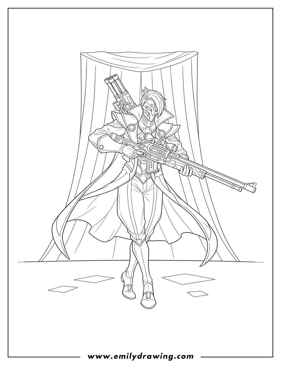 Black and white line art of league Legends Jhin Virtuoso posing theatrically with his gun