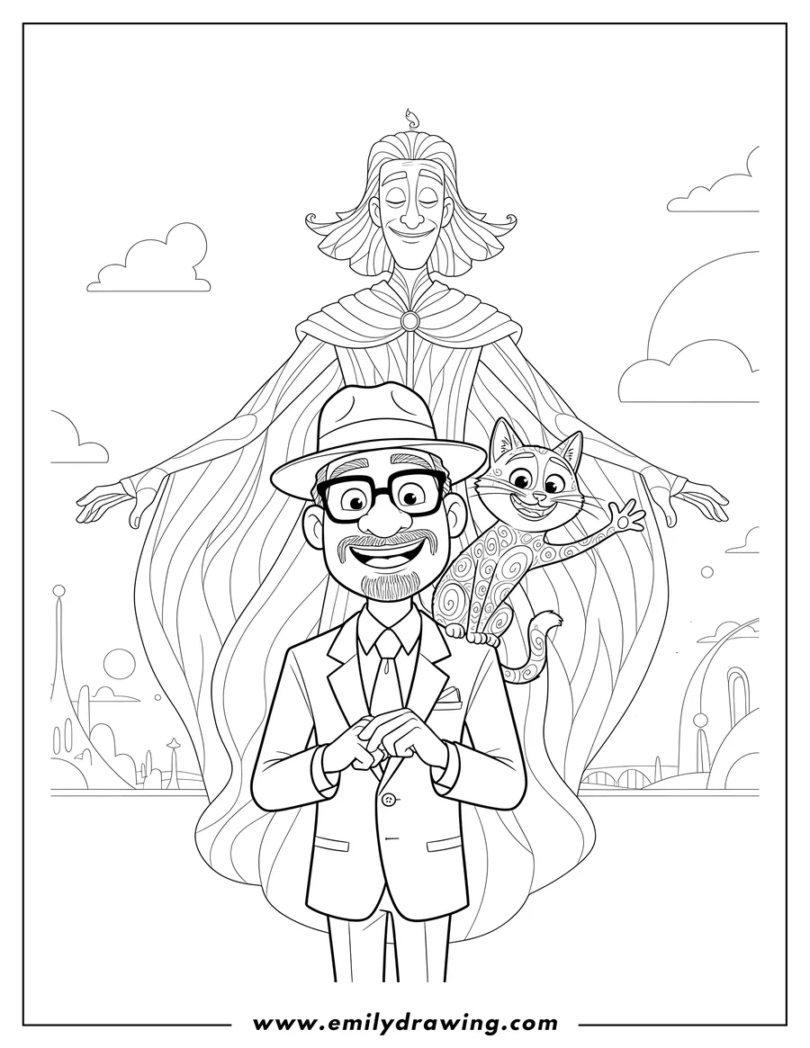 Free to print drawing of smiling Joe Gardner with Mittens the cat, Moonwind, and 22 on his shoulders from Soul