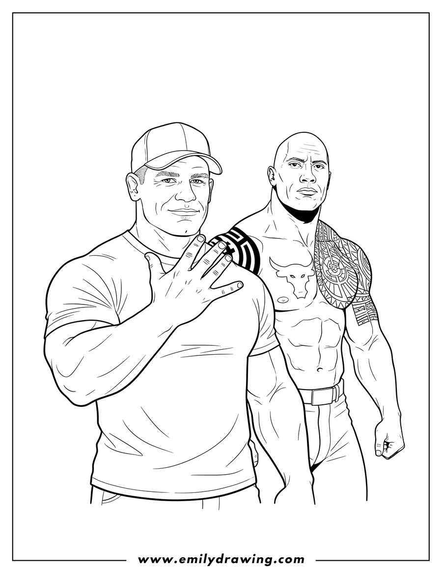 Outline drawing of john Cena in a cap making his 'You Can't See Me' gesture, posing with The Rock showing his tribal tattoos and bull logo