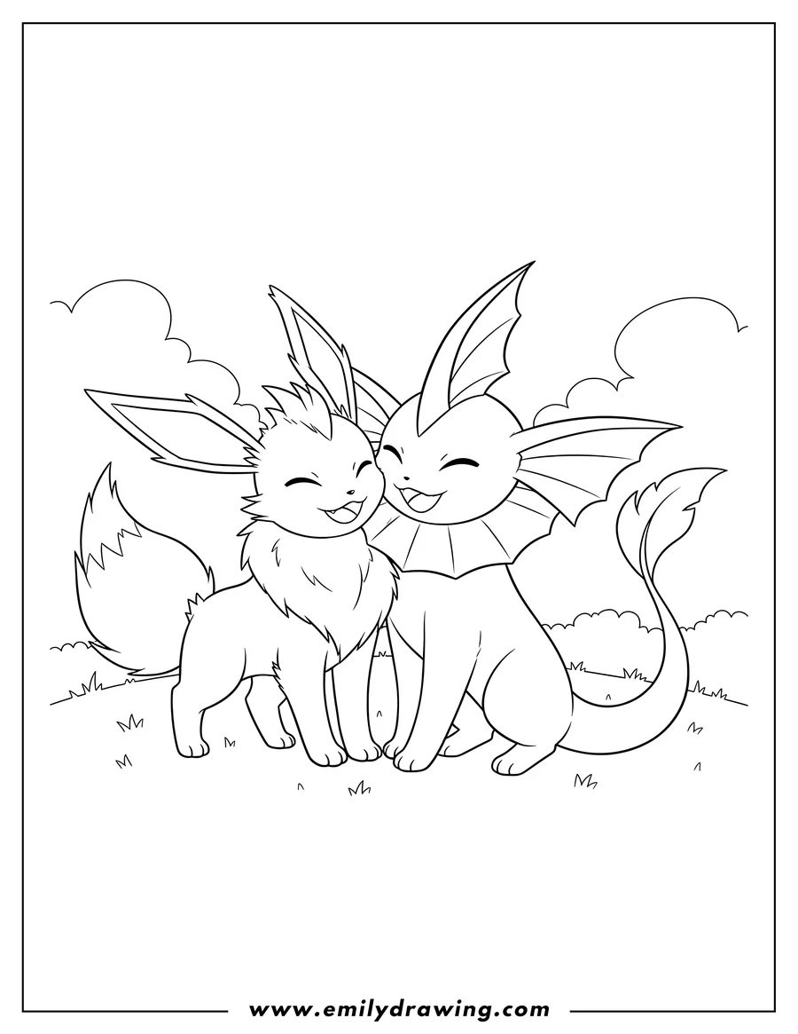 Coloring page of jolteon and Vaporeon cuddling and smiling