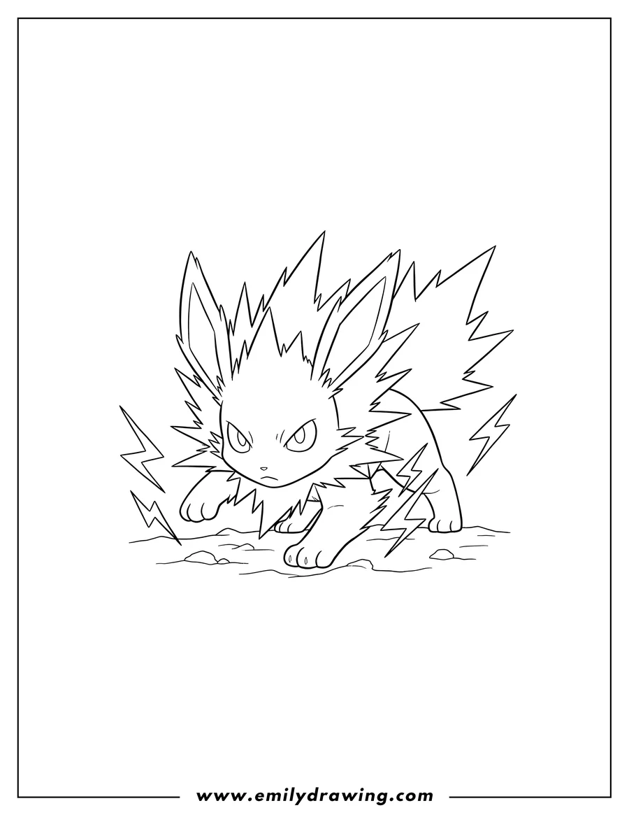 Simple sketch of jolteon in battle mode, in a low pouncing stance with intense eyes to color