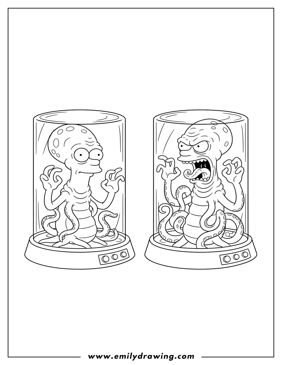 Printable coloring page of kang And Kodos Simpsons Alien in observation tanks, one snarling