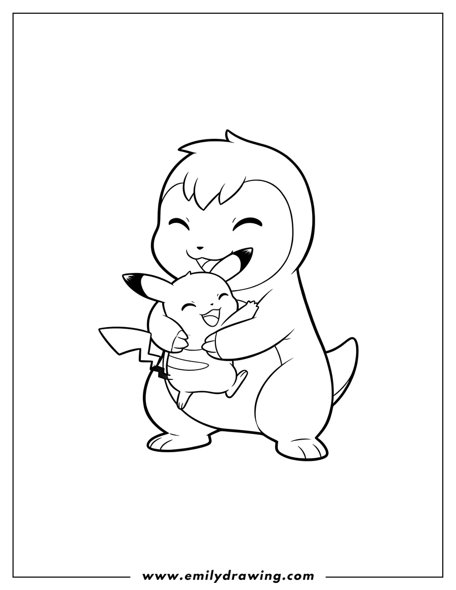 Linear illustration of kangaskid smiling with closed eyes hugging a happy Pichu with arms raised