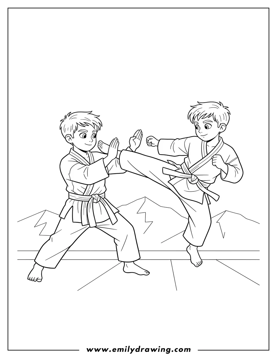 Coloring page of karate Fighters Dueling, one blocking a strike