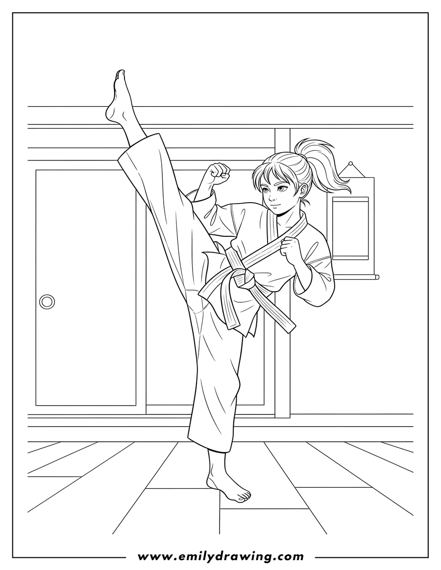 High quality printable karate Girl Performing High Kick Dojo, with fist raised and holding belt for coloring