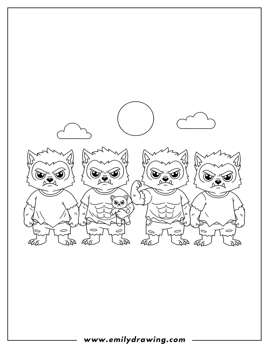 Coloring sheet featuring kawaii Angry Werewolf Preschoolers standing, with fangs and a muscular torso