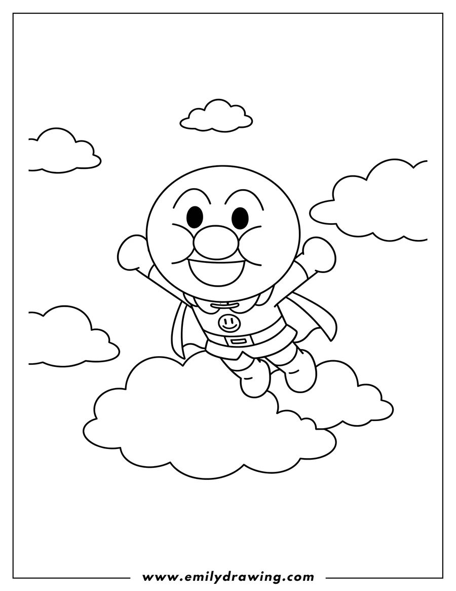 Full page coloring image of kawaii Anpanman flying and smiling in the clouds