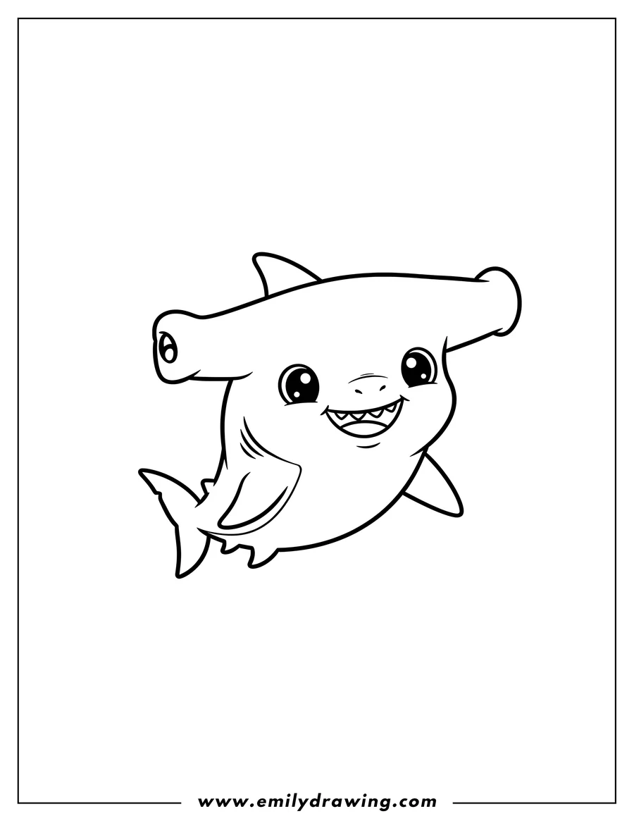 Linear illustration of A kawaii baby hammerhead shark smiling, outline for a preschoolers' coloring page