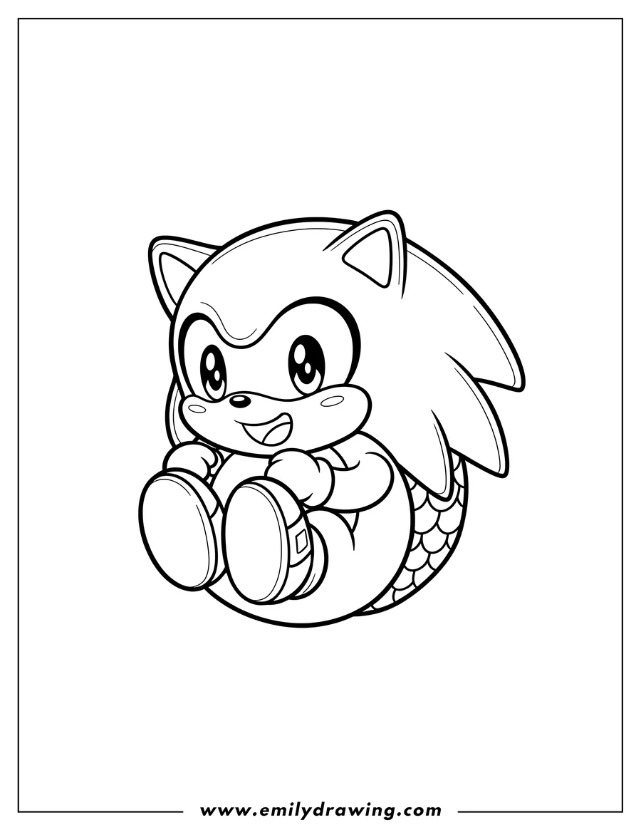 PDF style coloring page: kawaii Baby Sonic Scaled, curled up and smiling