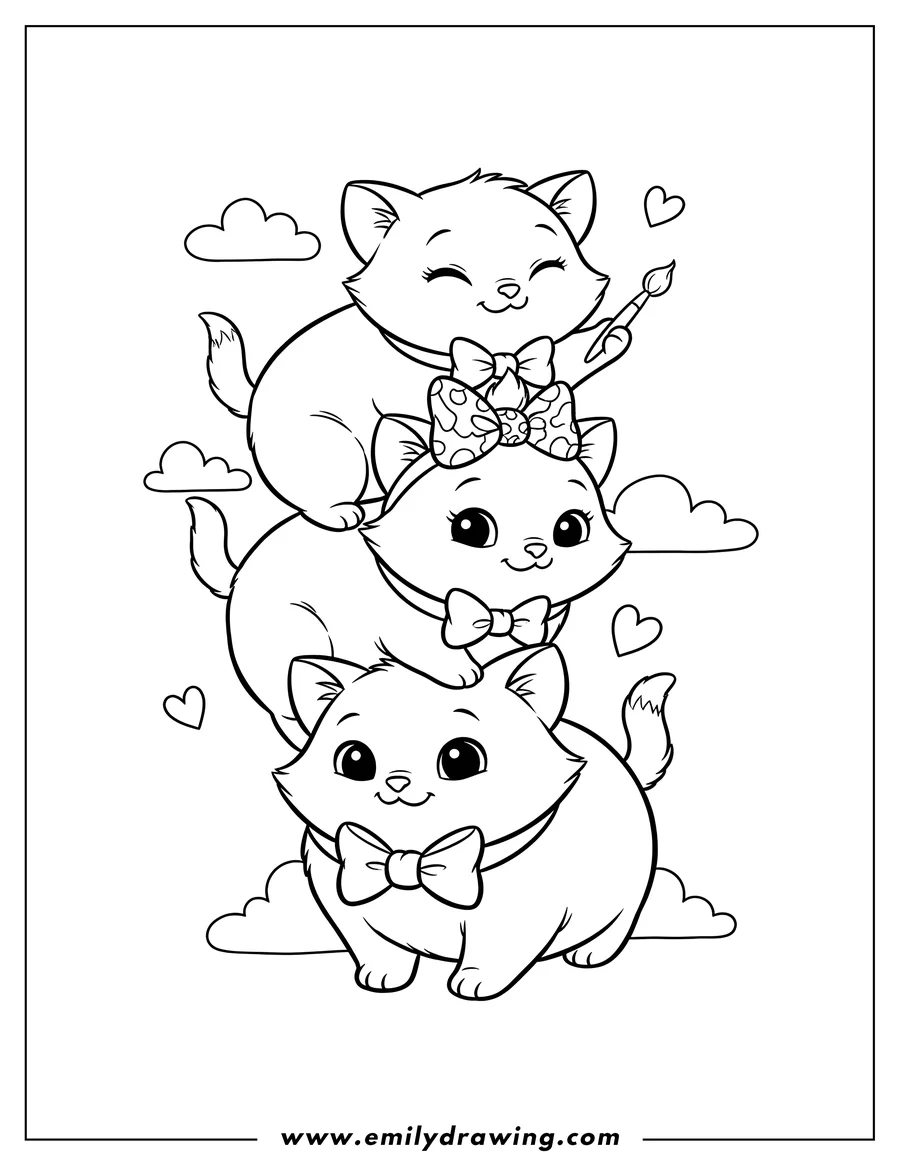 Clean line drawing: kawaii Berlioz Marie And Toulouse stacked, with Marie wearing a head bow and Berlioz wearing a bow tie