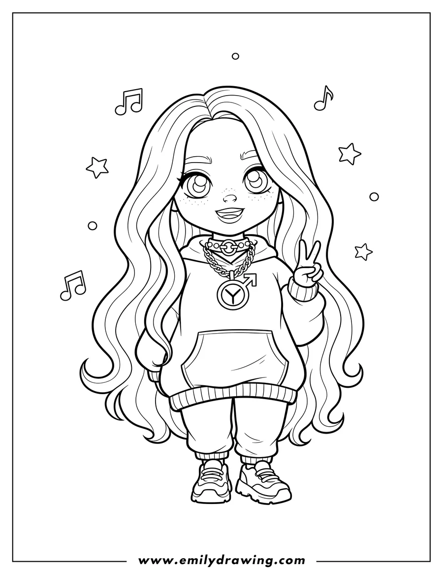 Printable line art of kawaii Billie Eilish with long hair and a choker featuring a man symbol