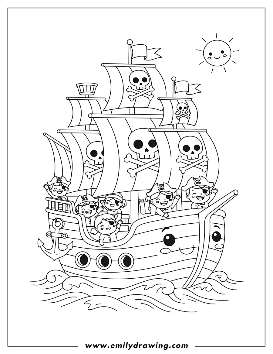Coloring page for kids: A Kawaii Cartoon Pirate Ship Preschoolers with skull and crossbones sails, sailing on waves