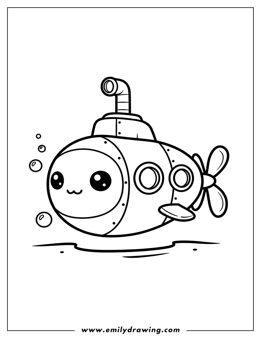 Vector style outline of kawaii Cartoon Submarine with periscope, portholes, and propeller for preschoolers
