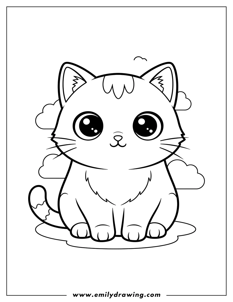 Full page coloring image of kawaii Cat sitting with big eyes