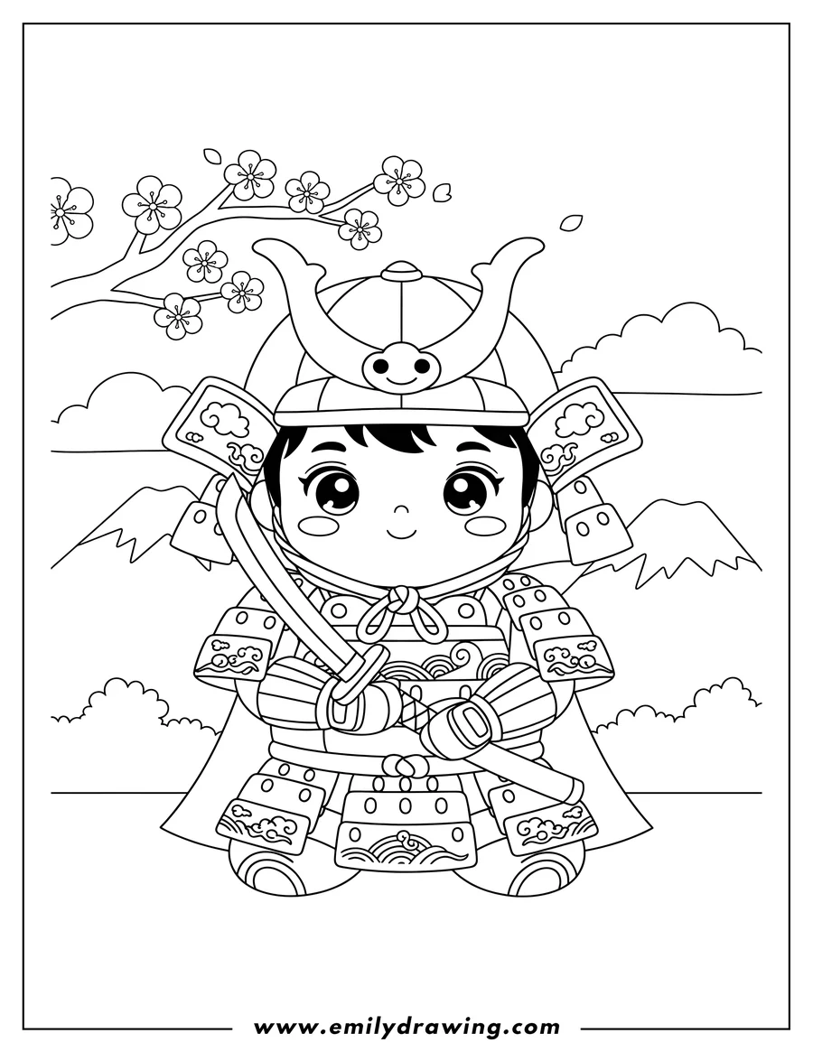 Downloadable coloring page of kawaii Chibi Samurai Preschooler in armor, holding a katana