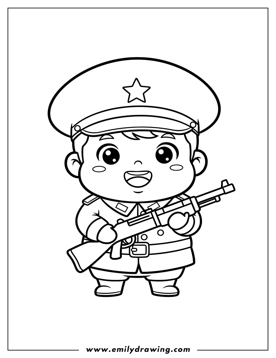Doodle style coloring picture of kawaii Chibi Smiling Soldier Wearing a Hat, Holding a Gun