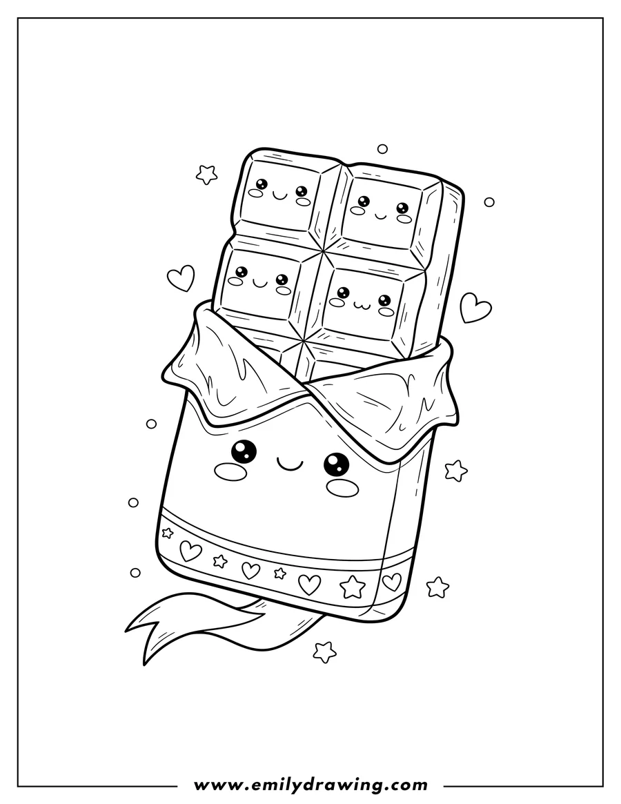 Free printable coloring sheet of kawaii Chocolate Bar partially unwrapped with a foil wrapper