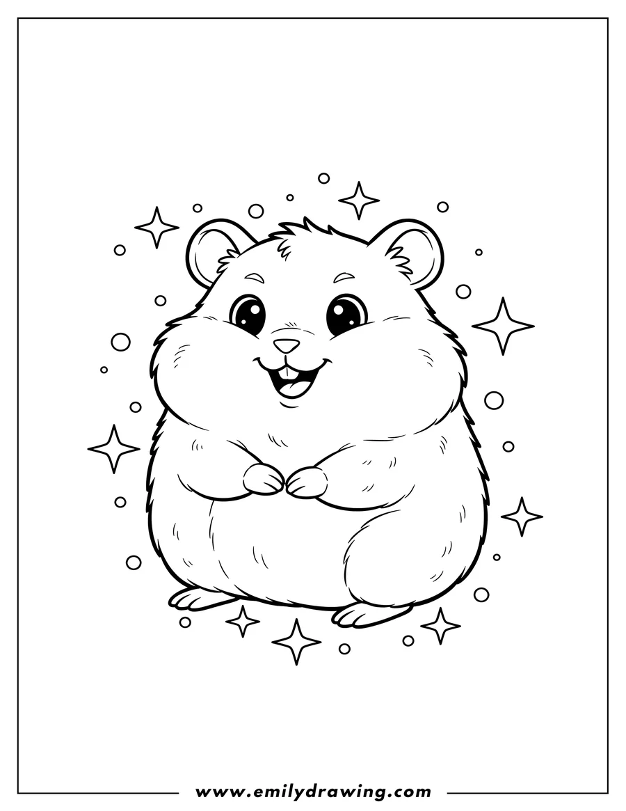 Simple sketch of kawaii Chubby Hamster smiling with sparkles to color