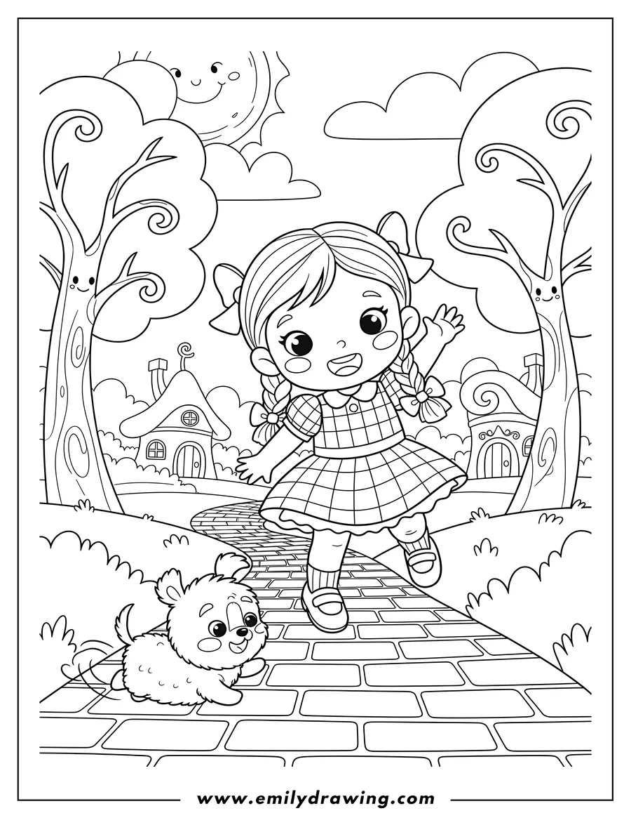 Free to print drawing of kawaii Dorothy And Toto Oz Preschoolers skipping and waving, with Toto running on the yellow brick road