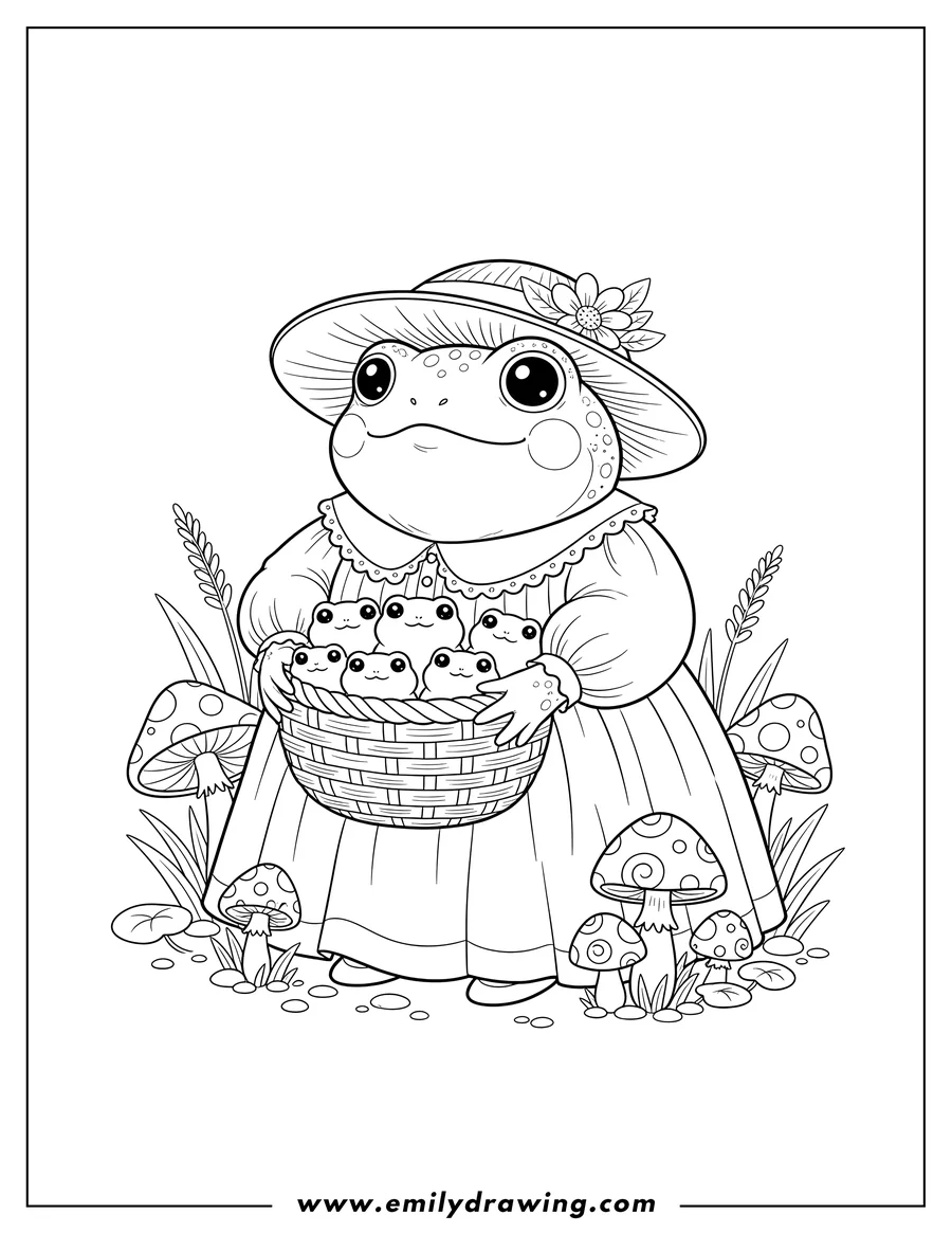 Simple sketch of kawaii Frog in a Dress and Hat holding a basket of small frogs, surrounded by mushrooms, cottagecore style to color