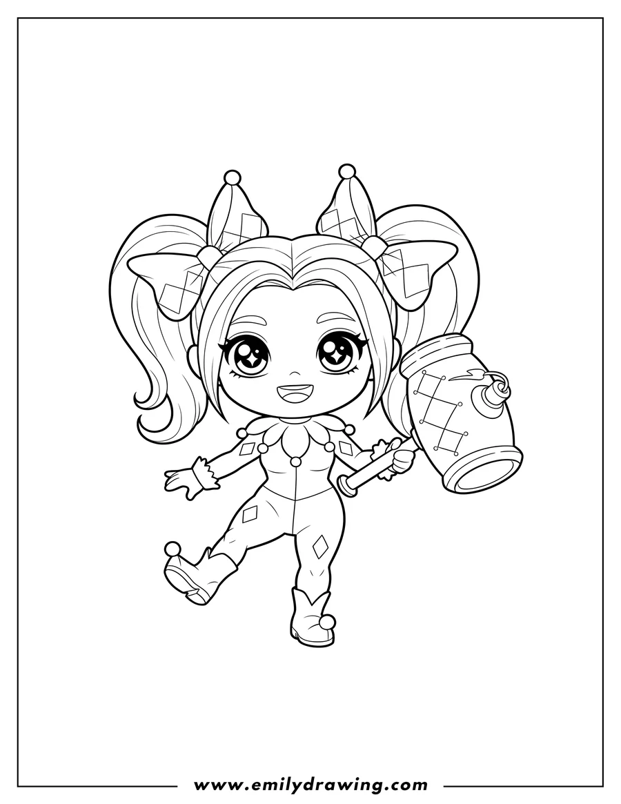 Simple sketch of kawaii Harley Quinn holding a mallet, standing and smiling to color