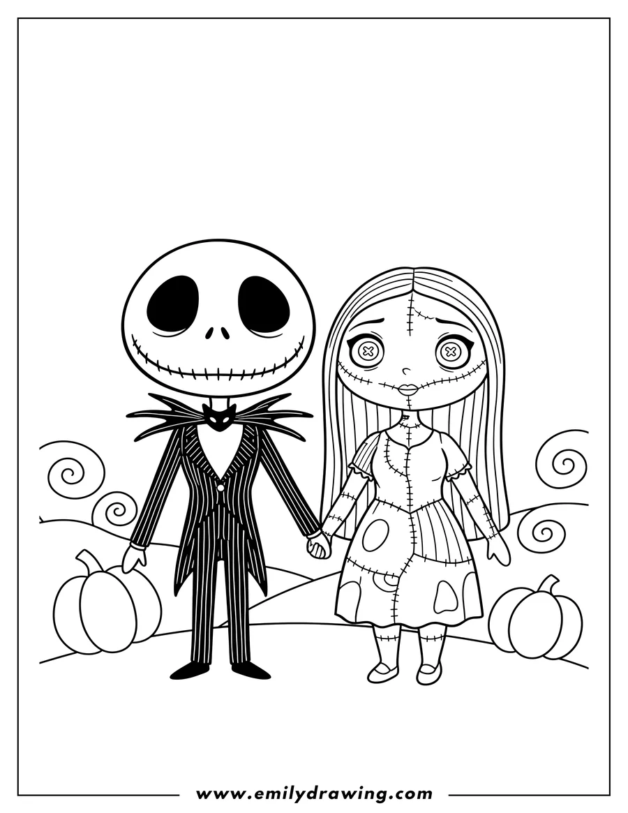 Clean line drawing: kawaii Jack and Sally standing together, Jack in his pinstripe suit, Sally with her stitched face