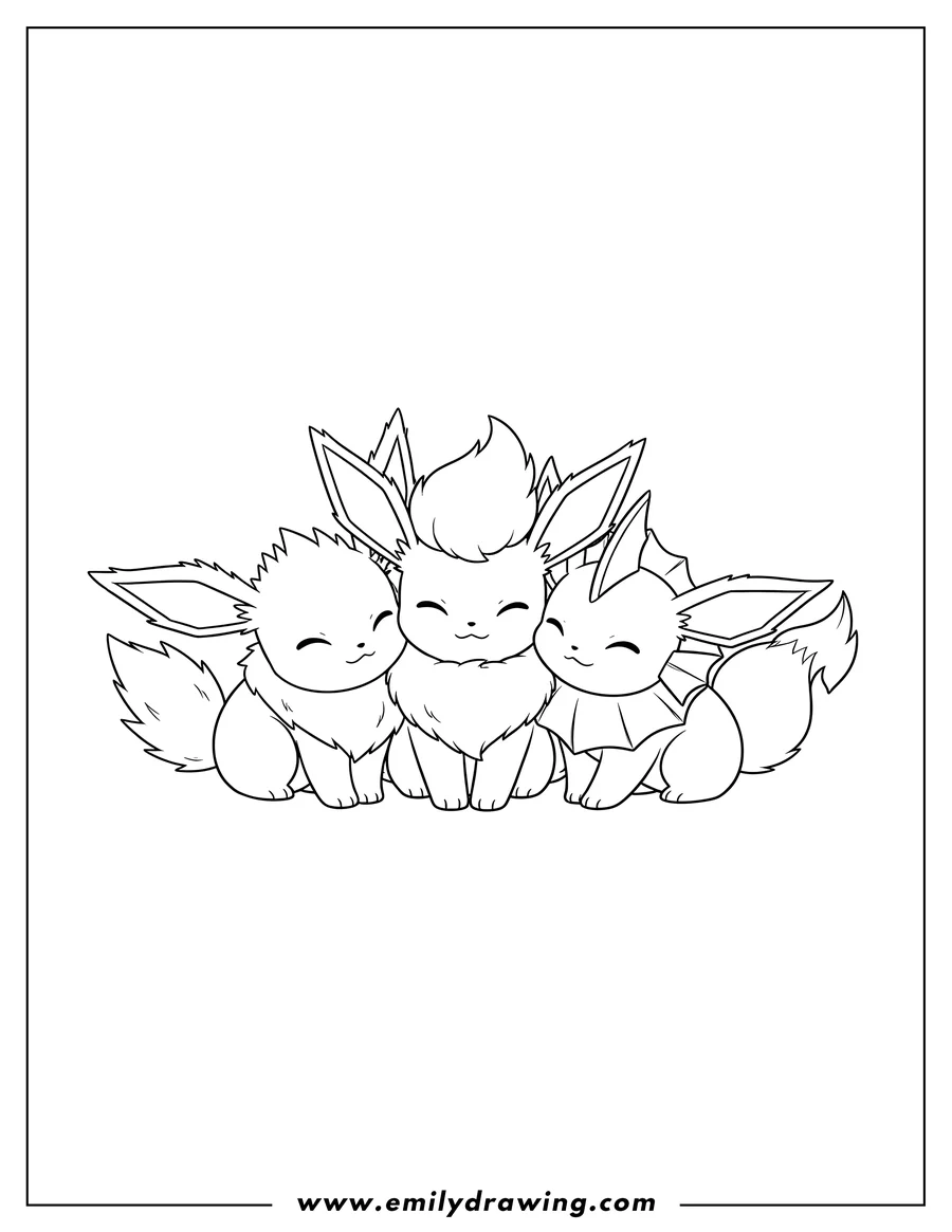 Free to print drawing of kawaii Jolteon, Flareon, and Vaporeon cuddling together