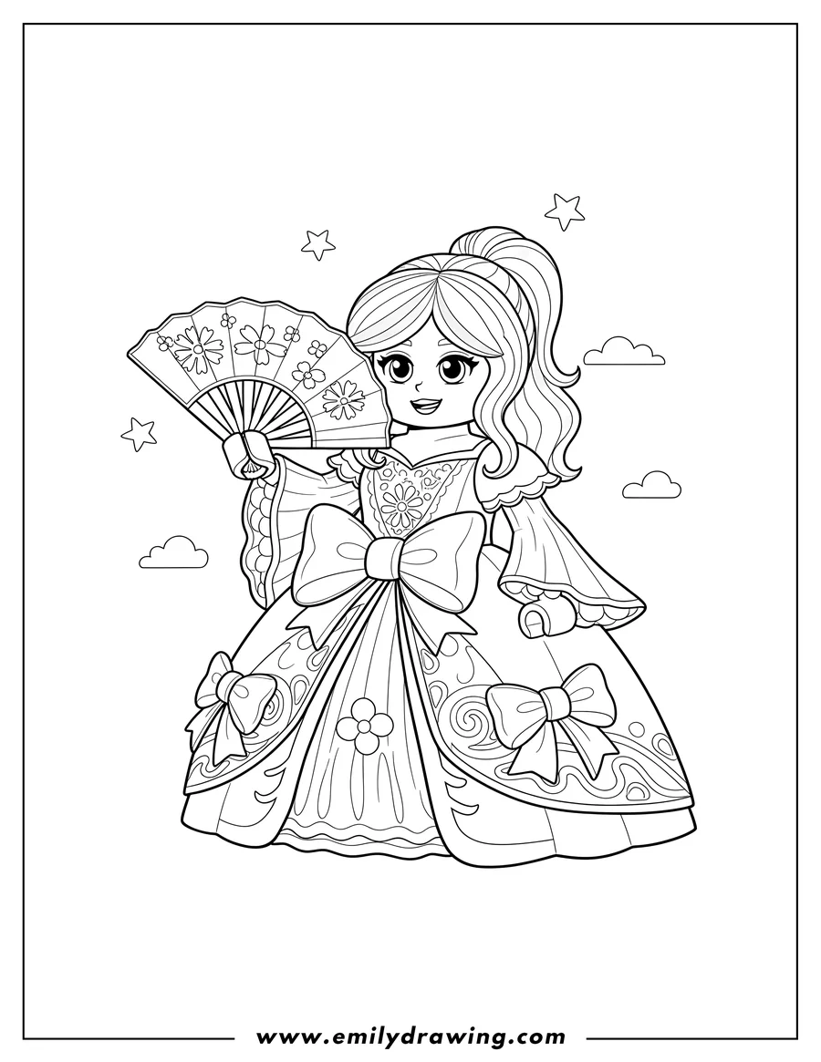 Printable line art of kawaii Lego Lucy Wyldstyle in an elaborate dress, holding a fan, to color
