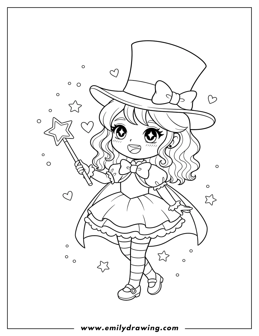 Clean line drawing: kawaii Magician Girl smiling, wearing a top hat and holding a star-tipped wand