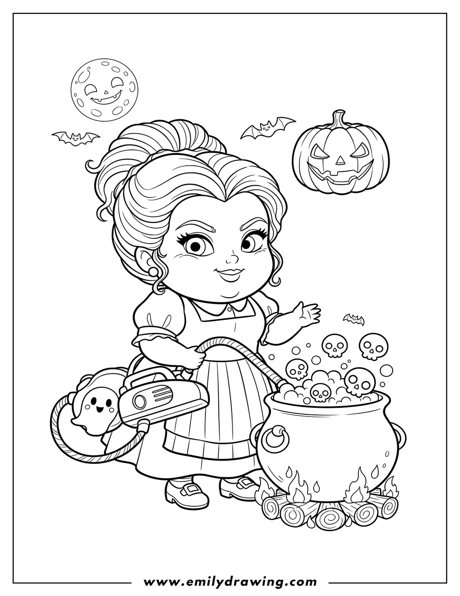 Doodle style coloring picture of kawaii Mary Sanderson holding a vacuum cleaner with a bubbling cauldron on Halloween