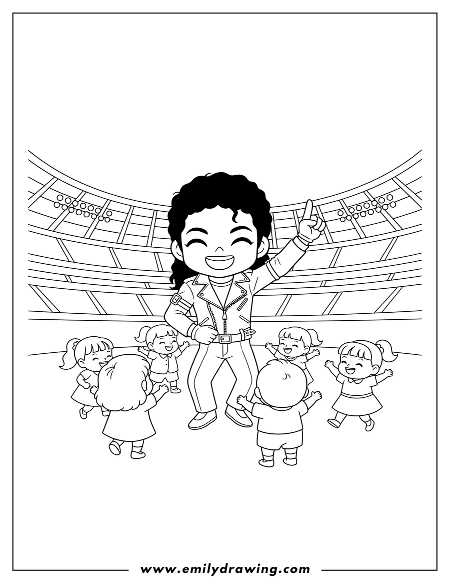 High quality printable kawaii Michael Jackson Dancing Stadium Preschoolers, wearing his iconic jacket, pointing one finger up, and smiling for coloring