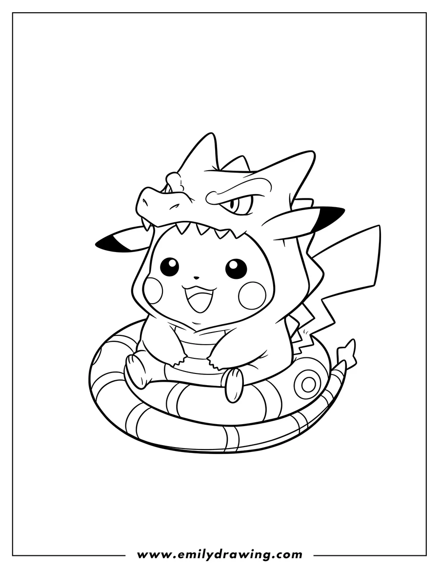 Linear illustration of kawaii Pikachu Rayquaza Costume sitting with angry Rayquaza headpiece